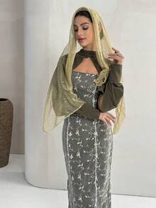 Yasmyna Women's Solid Mandarin Collar Batwing Sleeve Cropped Shirt And Floral Embroidered Mesh Arabic Maxi Dress Elegant Set - Green - View 1