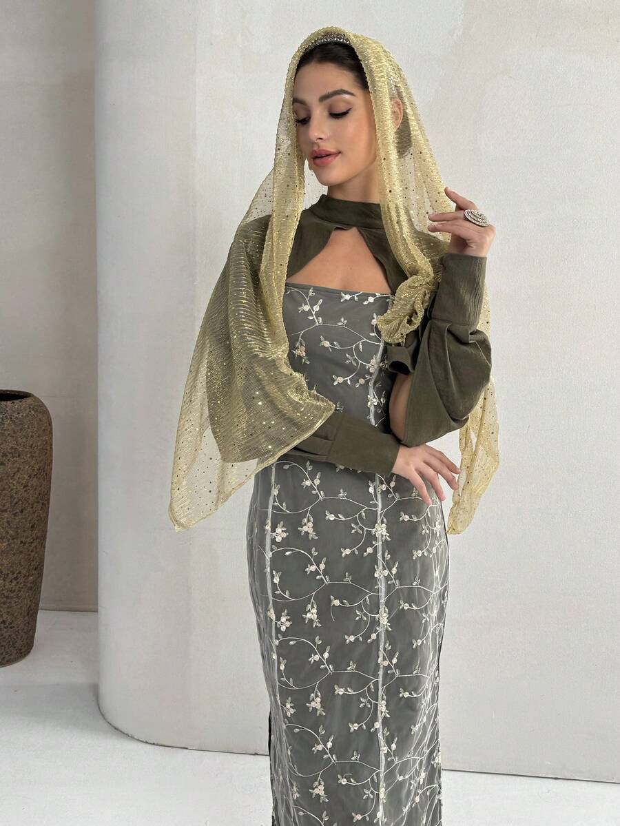 Yasmyna Women's Solid Mandarin Collar Batwing Sleeve Cropped Shirt And Floral Embroidered Mesh Arabic Maxi Dress Elegant Set - Green - View 1