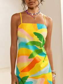 CAJUNI 热带印花吊带迷你连衣裙，度假沙滩装 - 彩色 - 查看 1