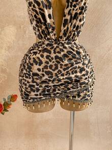 Soleia Vestido mini ajustado con escote pronunciado, decoración con cuentas y patrón vintage de malla, adecuado para fiesta de vacaciones, Navidad, cita, discoteca, estilo bohemio, vacaciones, otoño - Café integral - Ver 4