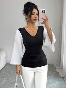 SHEIN Elenzya Women's V-Neck Black & White Contrast Bell Sleeve Ruched Design Regular Casual Commuter T-Shirt, Suitable For Outings, Gatherings, Daily Wear, Spring/Summer - Black and White - View 1