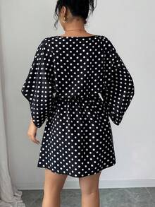 Selianne 女士优雅浪漫褶皱波点设计船领短袖修身喇叭迷你连衣裙，春夏款 - 黑與白 - 查看 2