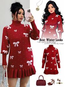 Elenzga Women's Elegant Turtleneck Bowknot Jacquard Tassel Hem Long Sleeve Sweater Dress, Autumn/Winter - Red - View 1