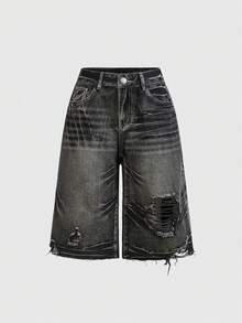 ROMWE Grunge Punk Y2K Vintage Washed Wing Print Super Low Waist Wide Leg Women Denim Shorts - Grey - View 2