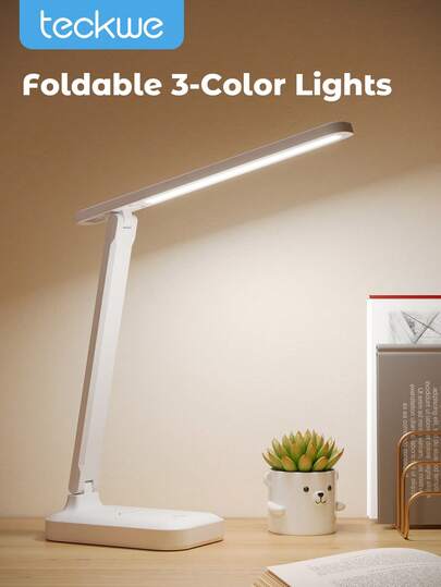 Teckwe Đèn bàn LED, đèn gấp gọn bảo vệ mắt với 3 màu, dùng để đọc sách, may vá, làm thủ công, đồ dùng học tập, màu trắng.