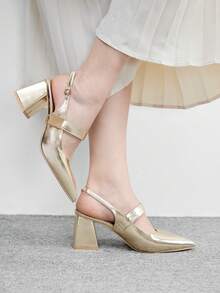 CUCCOO BIZCHIC Women's Fashion Apricot Color Metal Buckle Decor Chunky Heels Pumps, Classic Minimalist Design For Commuting, Dating, Party, Holiday, Wedding Valentine's Day Spring Shoes - Gold - View 3