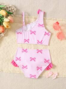 Young Girl Cute Pink Striped Bow Print Ruffle Trim Bikini Set, Adjustable Straps, Asymmetric Neckline Swimsuit, Suitable For Beach, Vacation, Matching With Sisters - Pink - View 3