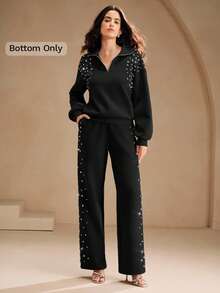 Anewsta Fashionable Thermal Lined Rhinestone Design Loose Wide-Leg Sweatpants, Suitable For Fall, Festival, Spring - Black - View 4