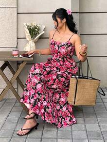 GalTyme Đầm chữ A dáng ôm eo màu hồng, cỡ lớn, họa tiết hoa, thích hợp cho kỳ nghỉ hè/mùa xuân. - Nhiều màu - Xem 5