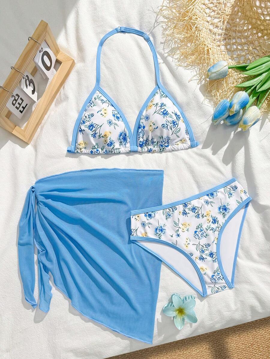 SHEIN 3件套女童/女孩黑色系列泳装套装,沙滩度假派对,春夏印花比基尼三件套泳装套装,带罩衫的比基尼套装,带纱笼裙的比基尼套装,少女泳装三件套,保守比基尼套装,女童沙滩套装,女童印花泳衣,蓝色比基尼三件套泳装,少女蓝色泳装三件套,蓝色花朵泳装三件套,沙滩女孩套装,少女两件套,三件套比基尼,三件套泳装,印花比基尼套装,三件套泳装,少女泳装,夏季女童套装 - 藍色 - 查看 1
