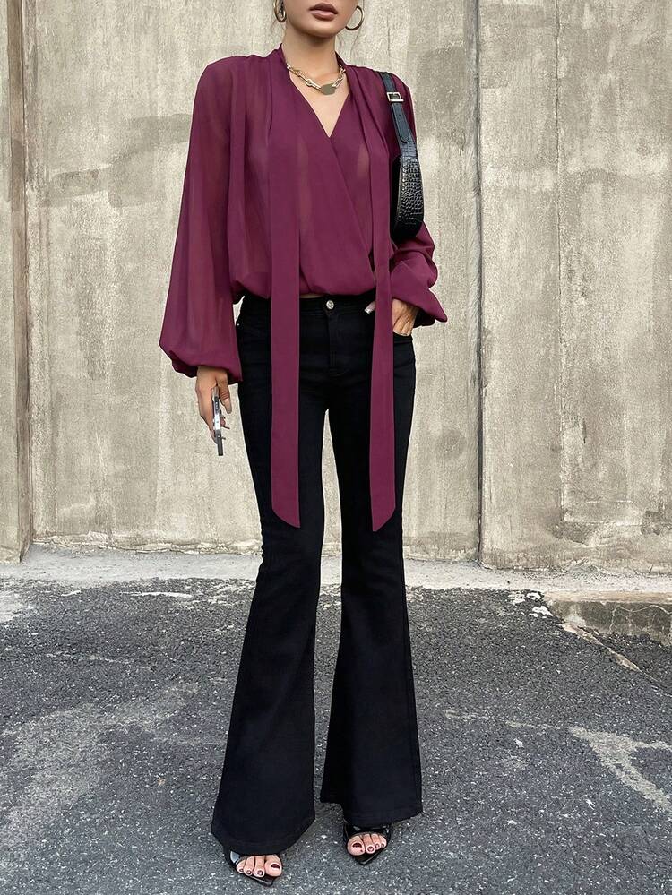 Sexy Deep V-Neck Tie Scarf Long Sleeve Blouse, Slim Fit Thin Shirt For Women