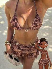 Swim Vcay 3pcs/Set Women Swimwear Brown Snakeskin Print Halter Elegant Bikini Set With Short Ruffle Hem Skirt,Summer,Casual,Beach,Vacation,Holiday Party - Multicolor - View 1