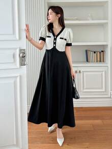 DAZY 女士撞色拼接短袖纽扣前开襟长款休闲连衣裙 - 黑與白 - 查看 7