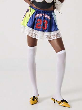 J-Fashion Mini-jupe pour femmes avec imprimé numérique sportif, patchwork de strass et couleurs contrastées