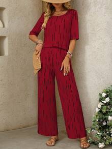 SHEIN Clasi 女士V领宽松印花两件套 - 酒紅色 - 查看 4