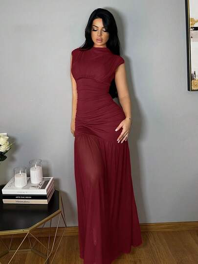 Vassilux Váy chữ A xếp ly hở vai phối lưới hở lưng màu đỏ thời trang mới, không tay, gợi cảm, phù hợp cho tiệc tốt nghiệp, sự kiện ngày lễ, hẹn hò