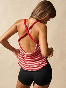 VARSIVA Women's Red And Pink Striped Backless V-Neck Tank Top With Crossover Design, Perfect For Sports And Fitness. - Multicolor - View 4