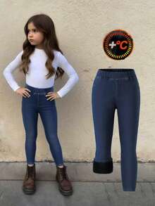 Jeans de niña, forro térmico azul, ajuste slim, versátil para todo uso, otoño/invierno - Azul lavado oscuro - Ver 3