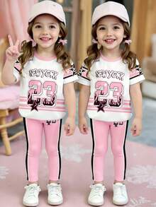 SHEIN Playful Pals 春夏女童休闲时尚创意个性清新可爱简约纽约23火焰星条纹图案字母标语印花T恤和打底裤两件套，舒适日常穿着，温暖的夏秋风格 - 彩色 - 查看 4