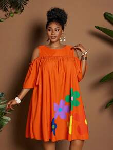 Maweii Summer Off-Shoulder Round Neck Cartoon Floral Casual Vacation Dress - Orange - View 6