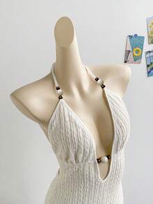 Soleia 新款镂空木珠纹理连衣裙，波西米亚风格，适合派对、约会、情人节、复活节、狂欢节、下午茶、海滩、邮轮、城市度假等场合，波西米亚风，浪漫花卉图案 - 杏色 - 查看 6