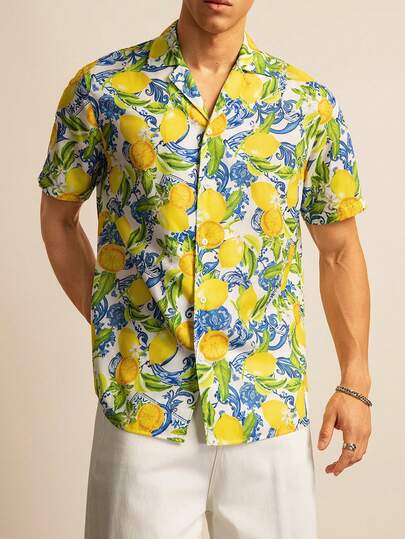 EASEVO Plus Size Men's Lemon Print Short Sleeve Single-Breasted Casual Shirt