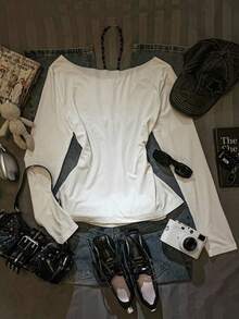 SHEIN EZwear 十字翅膀印花秋季新款宽松露肩不对称下摆长袖性感不对称领口套头T恤（女款） - 彩色 - 查看 2