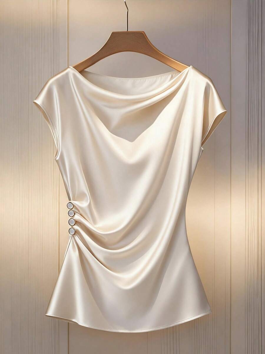 GlowEve CURVE 大码优雅纯色褶皱腰身衬衫 - 杏色 - 查看 1