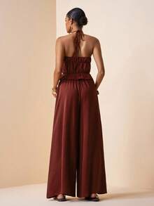 2026 Spring/Summer New Music Festival, Easter, St. Patrick's Day, Valentine's Day, Date, Western, Nomadic Style Women's Halter Neck Ruched Floral Blouse And Wide Leg Pants With Pockets Loose Textured Linen Set - Brown - View 3