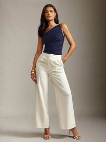 Hauture Women's Basic Casual Office Old Money One Shoulder Side Ruched Knit Jersey Brown Top - Navy Blue - View 3