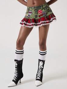 ROMWE Y2K Spring/Summer Women's Retro College Style Back To School Slogan Logo Embroidered Accent Camouflage Fabric Low Waist Sexy Bodycon Color Block Denim Mini Skirt - Multicolor - View 4