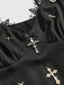 ROMWE Grunge Punk Plus Size Women's Punk Cross Pendant Contrast Lace Bodycon Mini Dress