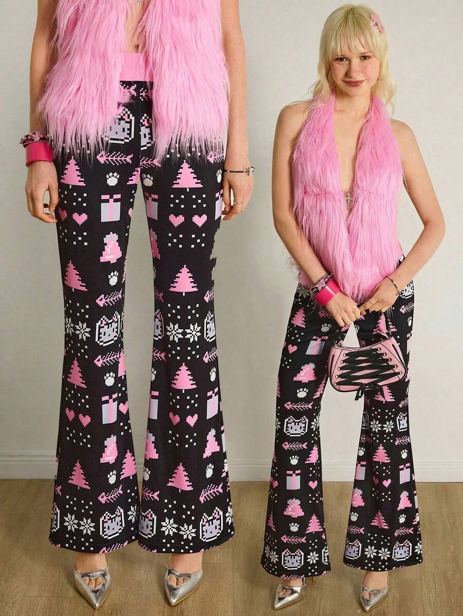 Y2Kool Vecteezy 女士冬季新年圣诞节黑色粉色鱼骨、猫咪、圣诞树、雪花印花修身弹力性感Y2K派对假日裤喇叭裤阔腿裤印花裤圣诞裤像素艺术裤锐舞裤喇叭裤时髦裤图案裤辣妹图案裤喇叭裤春季女士生日嘉年华 - 彩色 - 查看 1