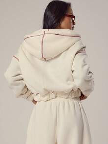 MUSERA Oversized Zip Through Contrast Stitch Hooded Sweatshirt Spring, Girly, Day, Cute, Casual Spring - Cream - View 4