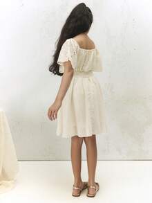 SUMWON Tween Off Shoulder Broderie Anglaise Smocked Waist Mini Dress With Ruffle Flutter Sleeves , Spring Summer Occasions, Casual And Vacation - White - View 2