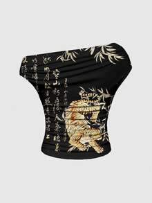 ROMWE Avant Camiseta de mujer con estampado completo de tigre y caligrafía china de estilo vintage chino y hombro asimétrico sexy - Negro - Ver 2