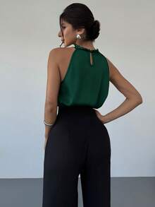 Firerie Elegant Romantic Sexy Party Date Black Lace Splice Tone Halter V-Neck Satin Commuter Blouse, New For Valentine's Day - Dark Green - View 6