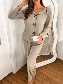 Lazeform Women's Ribbed Brushed V-Neck Bowknot Long Sleeve Top & Pants Pajama Set, Autumn/Winter Comfy Lounge Set, Fall Clothes