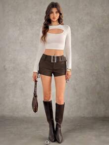 SHEIN Tall Pantalones cortos de mujer con detalle de ojales y amarre lateral en la cintura, color chocolate - Marrón - Ver 2