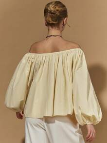 COSMINA 女士优雅露肩褶皱泡泡袖衬衫，通勤、办公、日常穿着、约会皆宜，适合早春穿着。 - 杏色 - 查看 2