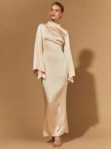 COSMINA Đầm satin dáng đuôi cá dài tay, kín đáo, lãng mạn và thanh lịch dành cho nữ dự đám cưới, màu sâm panh/mơ. - Màu be - Xem 3