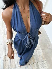 Sunnyshic Women's Fashion Backless Halter Denim Jumpsuit - Blue - View 7
