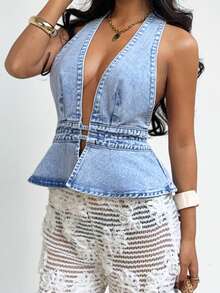 Sunnyshic 女士性感露背吊带牛仔外套，度假必备 - 藍色 - 查看 6