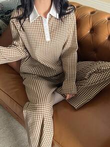 DAZY Plaid Contrast Collar Loose Women's Pajama Set - Pink - View 4
