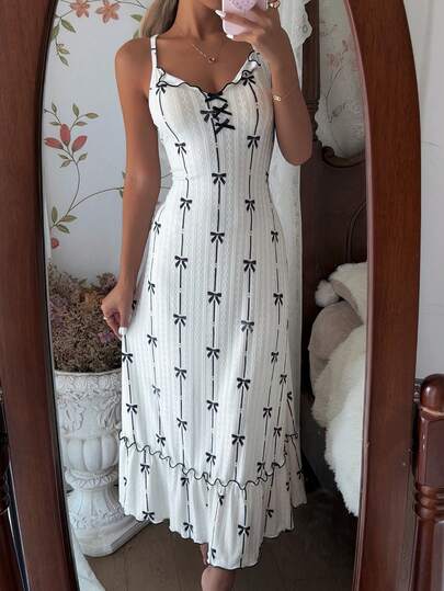 CottageSlumber Striped Butterfly Print Decor Black Bow Tie Collar Design Casual Camisole Nightgown Maxi Dress Summer Dress Vacation Dress