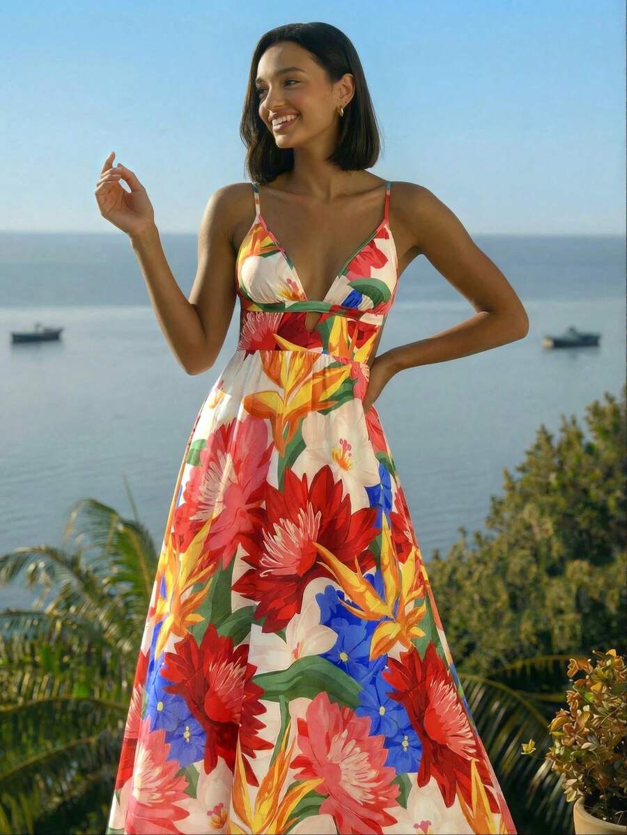 CAJUNI Vestido maxi de mujer casual de vacaciones con estampado floral tropical rojo y beige, sin mangas, con escote halter y hombros descubiertos, vestido de cita, vestido maxi elegante - Multicolor - Ver 1
