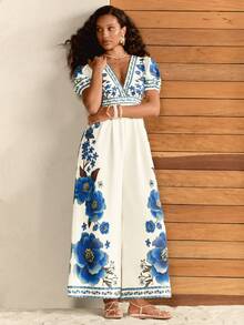 CAJUNI Combinaison à manches courtes et décolleté profond avec imprimé fleurs de bijoux