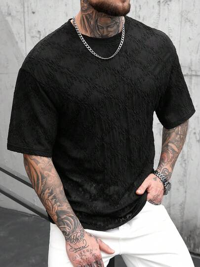 Manfinity Homme Men's T-Shirt With Jacquard Floral Pattern Fabric, Fashionable For Daily Wear Black Sheer Top Men Mens Mesh Shirt Men Sheer Top Mesh Men Top Mens Goth Tshirts,Daily Leisure, Weekend Trips, Outdoor Activities, Travel Expeditions, Relaxed Work Environments Or Semi-Formal Occasions, Boyfriend/Husband Gift, Anniversary /Birthday Gift Party Summer Vacation Holiday New Years Wedding Valentine's Day, Mens Drop Shoulder Tee Baggy T Shirt