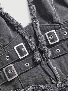 ROMWE Grunge Punk Spring/SummerplaidAsymmetrical Hem Frayed Denim Patchwork Plaid Halter Neck Denim Dress - Grey - View 3