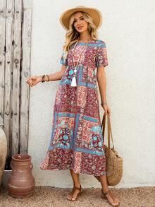 EMERY ROSE 女士夏季长款连衣裙，短袖，大碎花印花。 - 藍色 - 查看 7